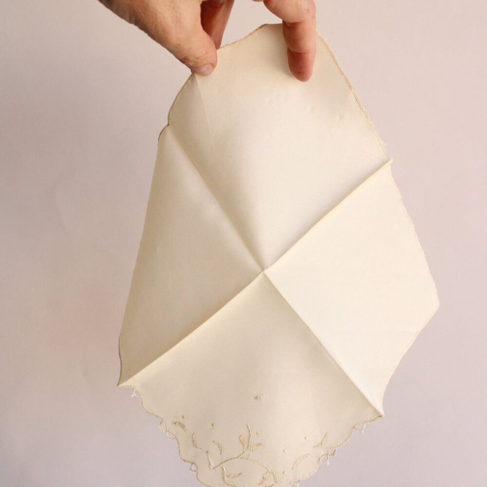 Vintage Ivory Handkerchief, Embroidered Rayon Hankie Pocket Square - Picture 10 of 10
